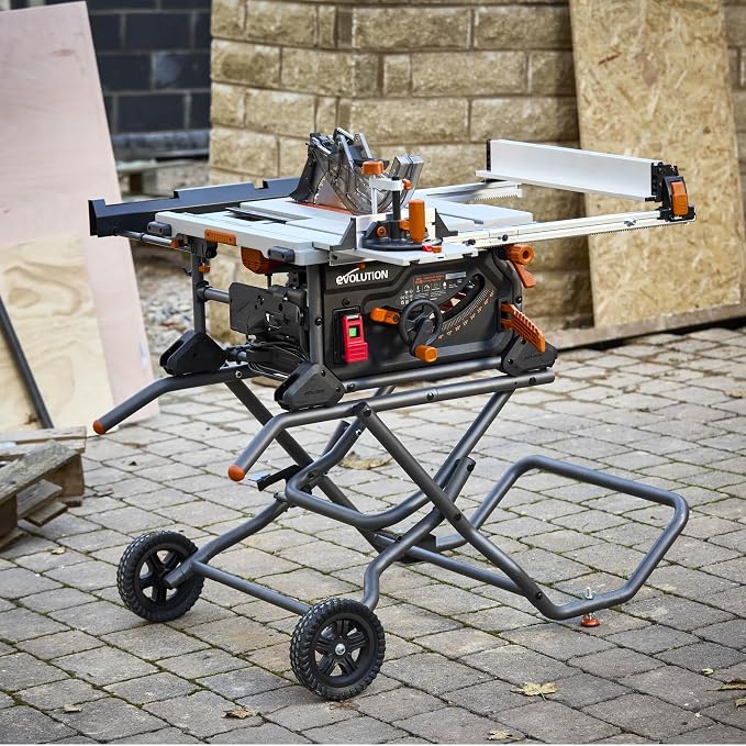 Evolution R10TBLX 10" Jobsite Table Saw with Wheeled Stand | Zero-Clearance Throat Plate | Dado Plate Included | 15A Motor | 26” Rip | 3-3/8” Cut | 0-45° Bevel | Precision Fence | Heavy Duty Portable