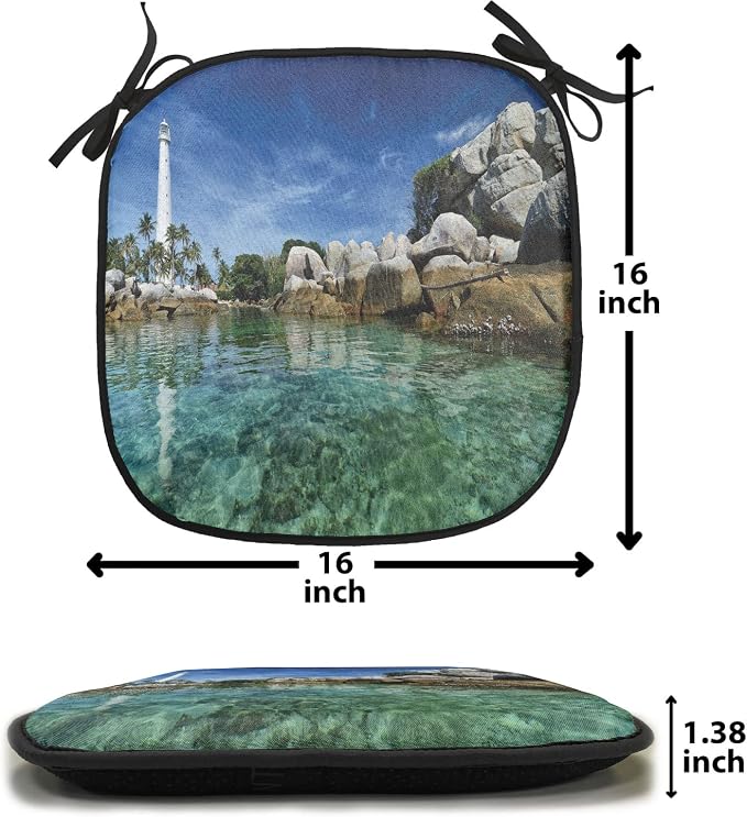 Lunarable Lighthouse Chair Cushion Pads Set of 4, Lighthouse Clear Water Palm Trees Summer Sky Rocky Shoreline Seascape, Anti-Slip Seat Padding for Kitchen & Patio, 16"x16", Teal Blue Grey