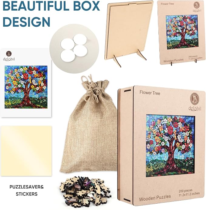 Delobil Mosaic Art Flower Tree Wooden Puzzle for Adults, 5mm Thick Stained Glass with 200 Unique Shaped Pieces, Challenge Puzzle Gift for Adults, 11.2 x 11.2 Inches