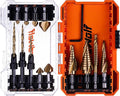NordWolf 13-Piece HSS Titanium Spiral Flute Step Drill, 82-Degree 3 Flutes Countersink & Tapered Drill 4 Cutters Countersink and Saw Drill Bit Set with 1/4" Hex Shank in Storage Case