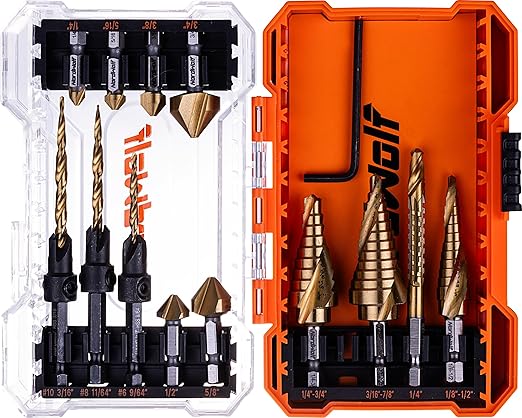 NordWolf 13-Piece HSS Titanium Spiral Flute Step Drill, 82-Degree 3 Flutes Countersink & Tapered Drill 4 Cutters Countersink and Saw Drill Bit Set with 1/4" Hex Shank in Storage Case