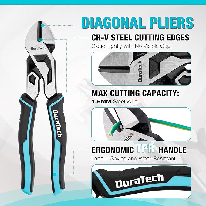 DURATECH 3-Piece Compound Pliers Set, Gen 2 Dual Pivot Design for Ultra Labor-Saving, High-Leverage 8.5" Needle Nose Pliers, 8" Diagonal Cutters, 8" Lineman's with Wire Cutter & TPR Grip, CR-V Steel