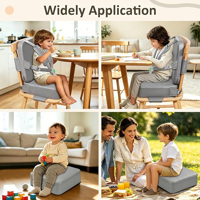 Toddler Booster Seat for Dining Table,Kitchen Chair Booster Cushion | Non-Slip Booster Seat with Backrest and 5 Piont Harness, PU Waterproof Travel Baby Booster Increasing Cushion