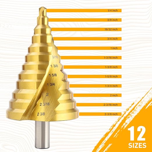 Spiral Groove Step Drill Bit, 12 Steps High-Speed Steel 1/4" to 2-3/8", Large Step Drill Bits for Cutting Holes in Iron Aluminum Copper Plastic Wood