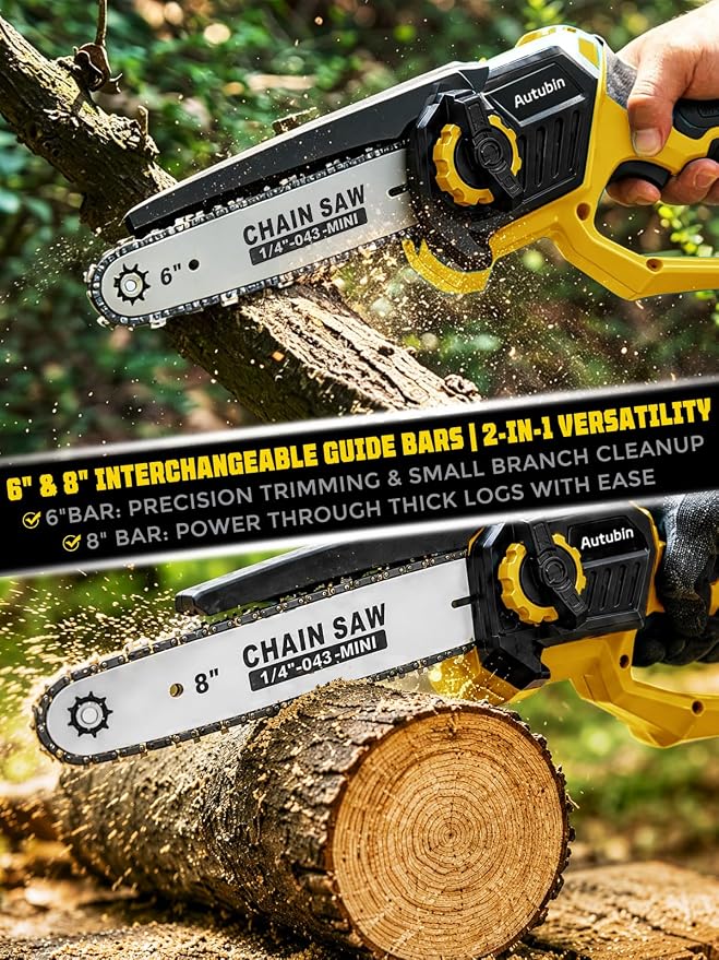 2-in-1 Electric Pole Saw & Mini Chainsaw, 8 & 6 Inch Blade for Tree Trimming, 16 FT Telescopic Reach, Auto Oiling & Tool-Free Tension, 2 Pack 4000mAh Battery Powered for Yard Branch Cutting