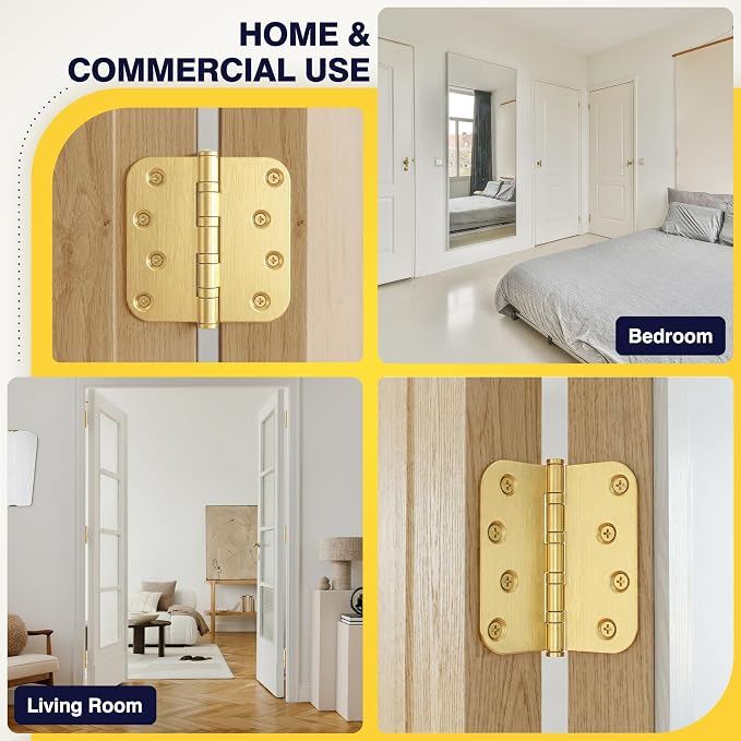 KOLET Gold Door Hinges, 4 x 4 Inches Ball Bearing Door Hinges, 5/8'' Radius Corner Hinges, Heavy Duty Stainless Steel, Smooth and Quiet, Non Removable Pin, Satin Gold, 6 Pack