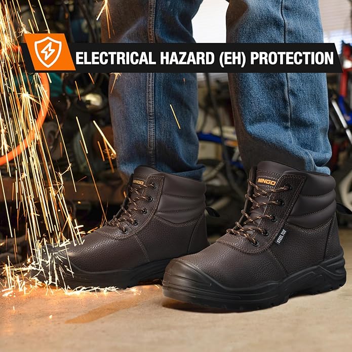 NINGO Steel Toe Work Boots for Men, Non Slip & Puncture Resistant Construction Boots with Breathable Lining, EH Protection, Comfortable Mens Safety Leather Work Shoes for Industrial, Walking Warehouse