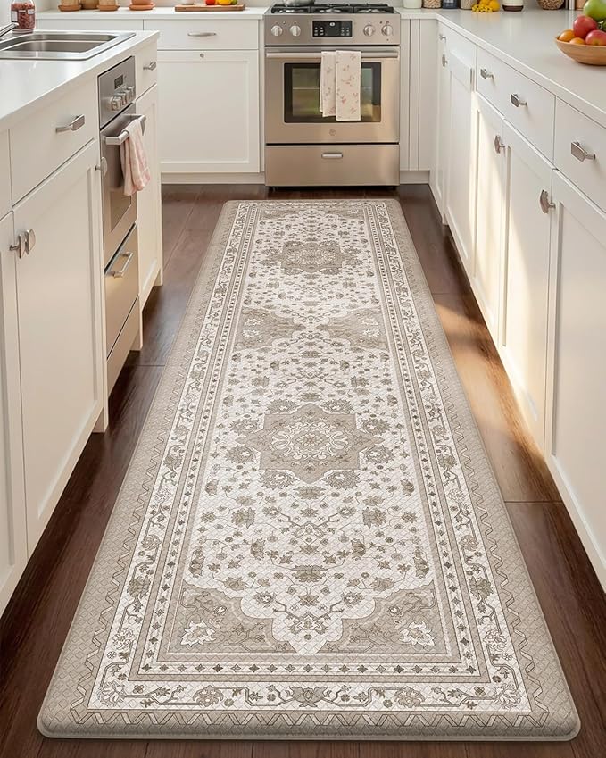 Color&Geometry Kitchen Floor Mats Anti Fatigue, Cushioned Boho Rugs,Waterproof Non Slip Kitchen Runner for Sink, Standing Mats for Office,24"x87",Beige(2.0 Version)
