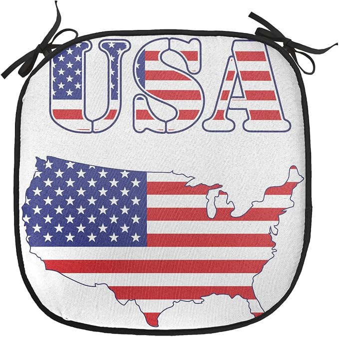 Lunarable Americana Chair Cushion Pads Set of 8, USA Map Flag Stars Stripes National History American Illustration, Anti-Slip Seat Padding for Kitchen & Patio, 16"x16", Red White Blue