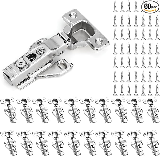 60 Pack 1/2'' Overlay Face Frame Soft Close Hidden Cabinet Hinges, 105 Degree 3D Adjustable Clip On Plate Concealed Kitchen Cupboard Door Hinges with Screws