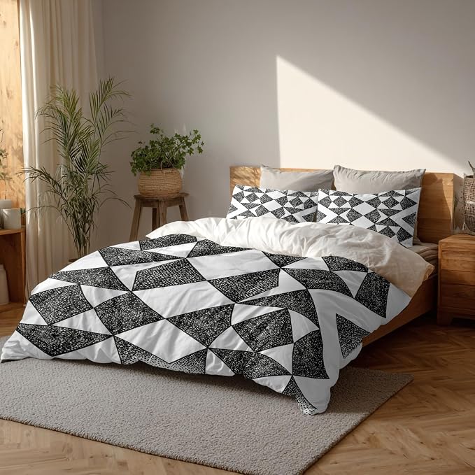Batmerry Houndstooth Black White King Size 100% Cotton Duvet Cover Sets, Plaid Abstract Fashion Geometric Bedding Set with Zipper Closure Corner Ties, 3 Pieces (1 Cover + 2 Pillowcases No Comforter)