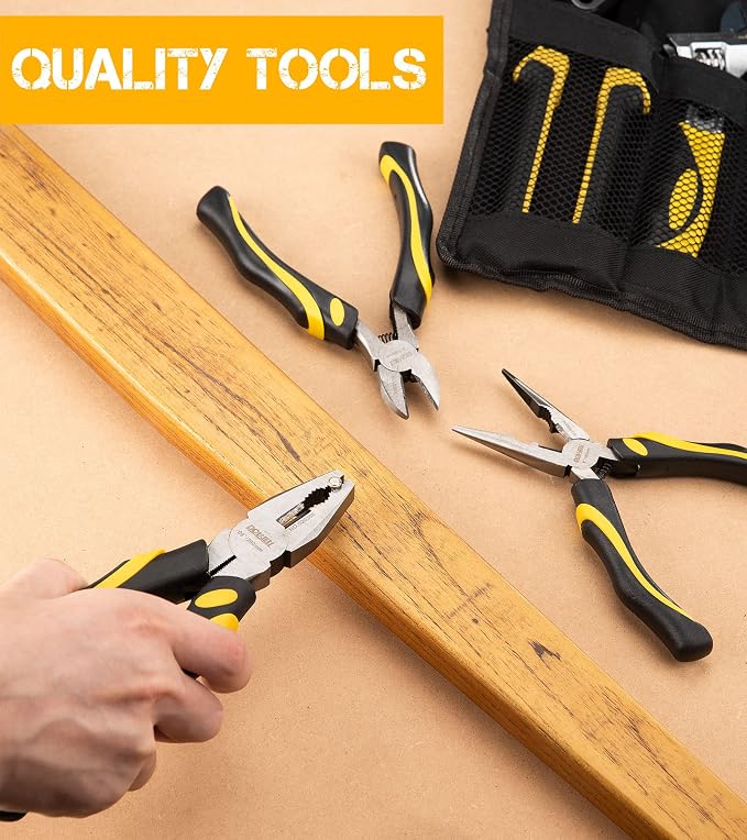 DOWELL Pliers Set - 8pcs, 10/8/6-inch Pliers & Wrench, Hammer, Tool Pouch