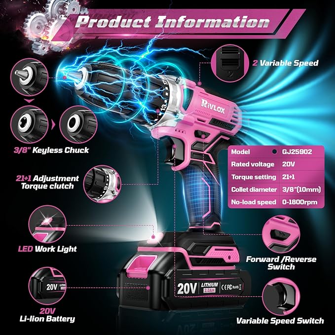 20V Cordless Drill Set,Electric Power Drill Cordless,Power Drill Drivers,Electric Screwdriver - 2.0Ah Batteries, 30Nm，21+1 Torque,2 Speed,34pcs Acessories,Built-in LED,Kit for Home,Pink