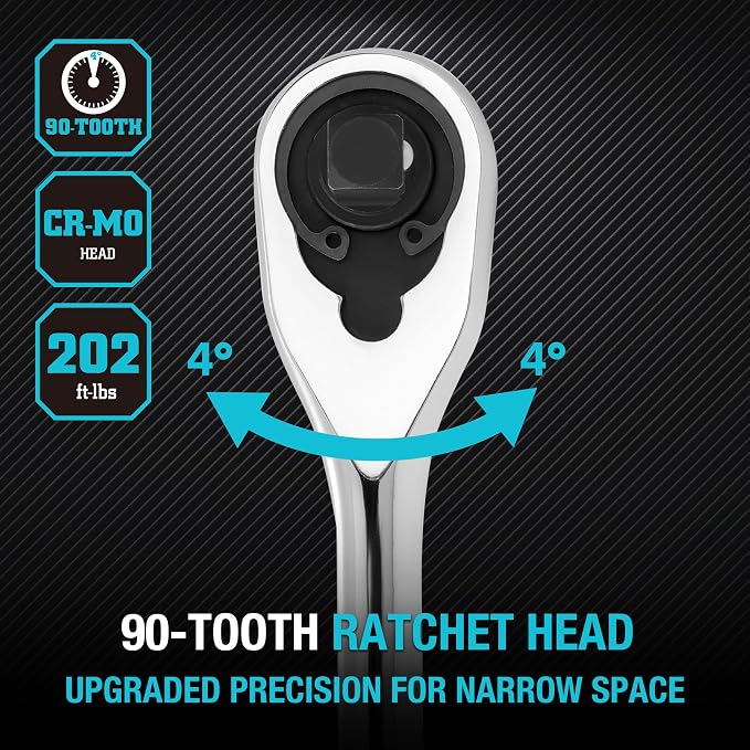 DURATECH Extra Long Handle 3/8-Inch Drive Ratchet, 90-Tooth Ratchet Wrench | Socket Wrench with 12" Handle and Dust Proof Teardrop Enclosed Head, Reversible, CR-V Steel Made, CR-MO Head, Full Polished
