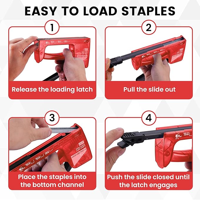 HAUSHOF Light Duty Staple Gun, Upholstery Staple Gun with 800PCS JT21 Staples and Stapler Remover, Fits JT21 Staple of 1/4'', 5/16'' & 3/8'', Used for Wood, Classroom, Crafts, DIY (Red Transparent)