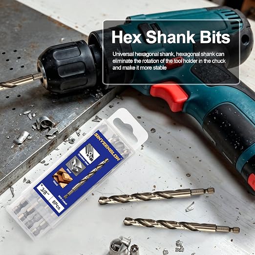 3/8 Cobalt Drill Bit for Metal and Hard Steel (5Pcs), Hex Shank Quick Change M35 HSS Twist Impact Drill Bit Set, with Storage Case