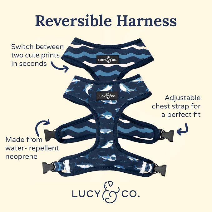 Lucy & Co. Reversible Dog Harness - Water-Repellent Neoprene, Dual-Print Design, Easy Swap Style, Adjustable Comfort Fit - Shark Attack Reversible Harness - Medium