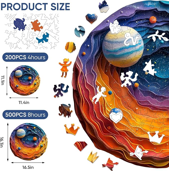 Mys Aurora Space Puzzles for Adults, 200 Piece Unique Shapes Solar System Wooden Puzzles, 3D Visual Effect Planet Jigsaw Puzzles, Family Puzzle Games Birthday Gift, 11.4 x 11.2 Inches