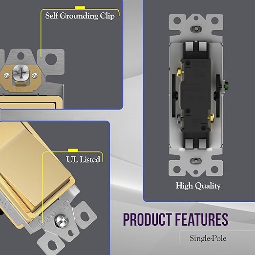 ENERLITES 3-Way Decorator Paddle Light Switch, Gloss Finish, Single Pole or Three Way, 3 Wire, Grounding Screw, Residential Grade, 15A 120V/277V, UL Listed, 93150-GD2P, Gold Color (2 Pack)