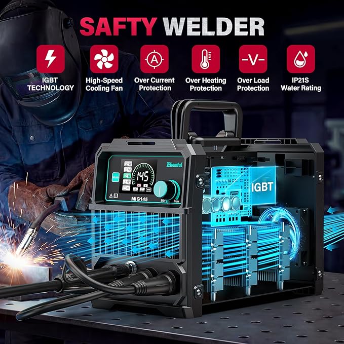 145A 4-in-1 MIG Welder,110V/220V Dual Voltage Gas MIG/Flux Core MIG/Lift TIG/Stick Multiprocess MIG Welding Machine, Portable IGBT Inverter with Synergic Control & Auto Darkening Helmet，Gloves