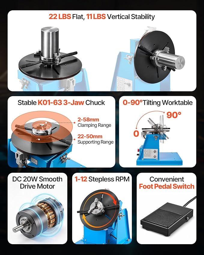 VEVOR Rotary Welding Positioner 10KG, 1-12 RPM 20W, Adjustable 0-90° Turntable with 8.1 Inch 3-Jaw Chuck, Compact Welder Machine for Precision Cutting, Grinding, Assembly, and Testing