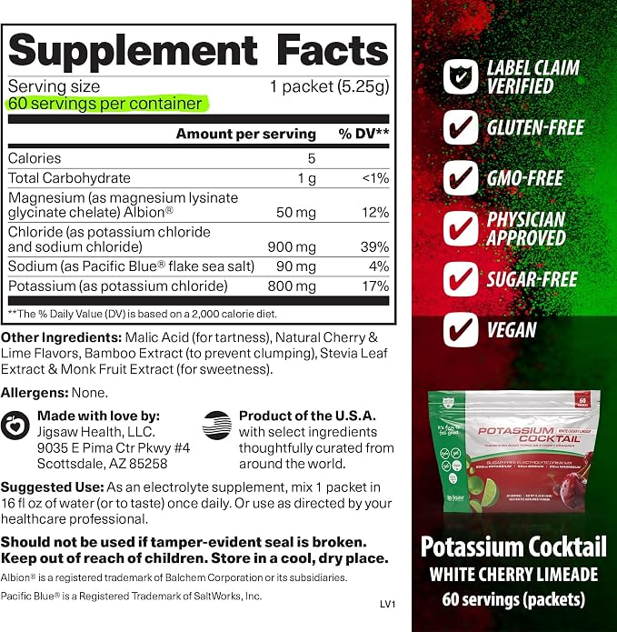 Jigsaw Health Potassium Cocktail | Formerly Pickleball Cocktail | Cherry Limeade Flavor | 60 Servings (Packets)