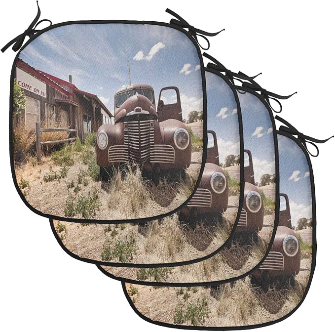 Lunarable Americana Chair Cushion Pads Set of 4, Abandoned Restaraunt on Route 66 Come on in Sign Desert Road Rusty Old Car, Anti-Slip Seat Padding for Kitchen & Patio, 16"x16", Brown Multicolor