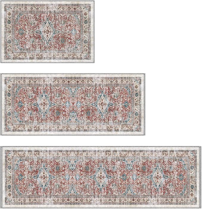 Color&Geometry Vintage Kitchen Rugs Sets of 3, Machine Washable 4mm Ultra Thin Stain Resistant Kitchen Floor Mats, Non Slip TPE Backing Runner for Sink,Hallway,Laundry,Entryway (2x3+2x5+2x7)