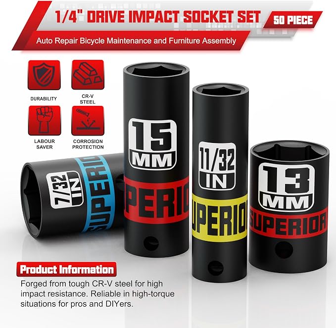 50 Piece 1/4" Drive Impact Socket Set, SAE (5/32" - 9/16") & Metric (4 mm - 15 mm), Deep and Shallow Sockets, Auto Repair Bicycle Maintenance and Furniture Assembly