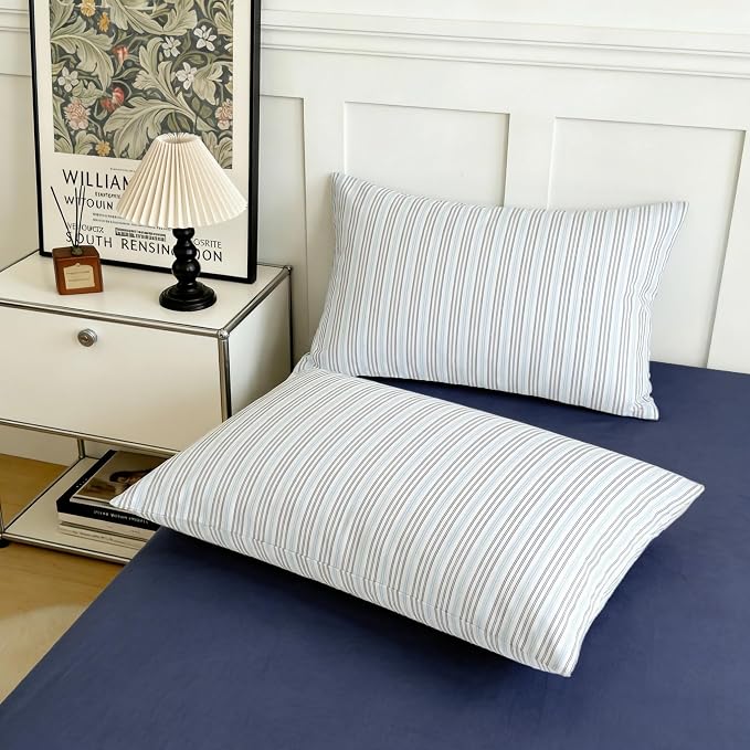 Sedefen Blue Striped Duvet Cover 3 Pcs, Grey White Stripe Bedding Set with 2 Pillowcases, Modern Minimalist Stripes Soft Breathable Microfiber Duvet Cover Set for All Season