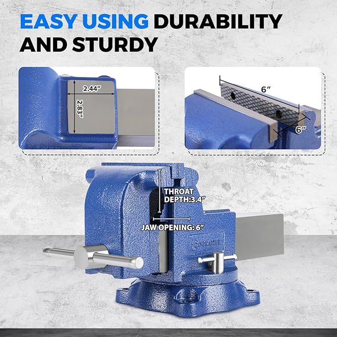6" Heavy-Duty Bench Vise 13200LBS Stronger Clamping Force Ductile Iron Bench Vise 6 Inch 360° Swivel Bench Vice with Anvil Blue, Include Mini Bench Vice Clamp