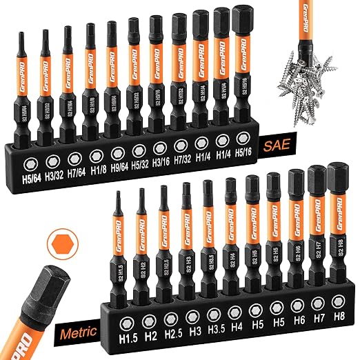 GRENPRO Allen Wrench Drill Bit Set 22pc Hex Bit Set, Impact Driver Bit Set, Screwdriver Bit Set, Allen Wrenches Sets, Allen Socket Set, 2" Long Metric&SAE 1/4" Hex Shank Magnetic Allen Key Drill Bits