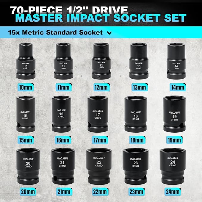 1/2" Impact Socket Set,70PCS SAE/Metric, 1-1/4"/10-24mm, CR-MO Alloy Steel | 6 Point Cr-MO Alloy Steel for Auto Repair, Easy-to-Read Size Markings, Rugged Construction, Storage Case