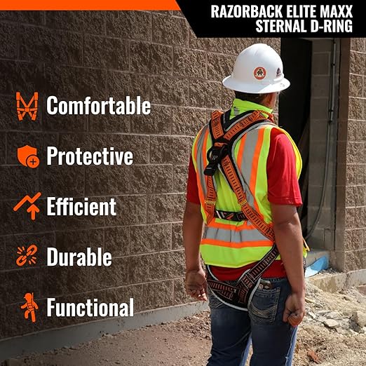 Razorback Elite MAXX - Safety Harness and Fall Protection Kit with Sewn in Lumbar Support Belt and Built-in Rescue Handles for Fall Arrest, OSHA & ANSI Compliant (XXLarge)