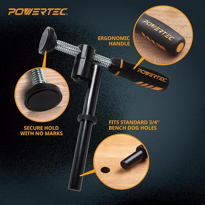 POWERTEC 71774-P2 180° Variable Screw Clamp, Quick-Acting Swivel, Fits 3/4" Bench Dog Holes, Woodworking Clamps Series - 2 Pack