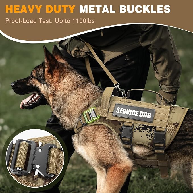 Tactical Dog Harness with Dog Leash, Service Working MOLLE Vest with 10 Pet Patches for Dog, No Pull Military Harness and Backpack for Training Hunting Walking