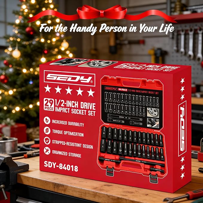 29-Piece 1/2" Drive Impact Socket Set, SAE (3/8 to 1 inch) and Metric (10-24mm) Sizes with Extension Bars Standard Deep Socket Set CR-V Material High Durability Impact Wrench