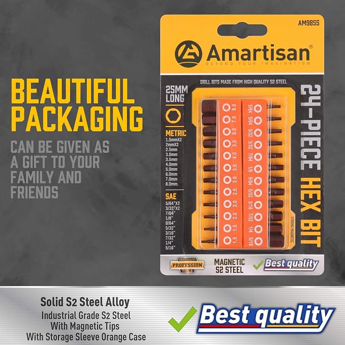 Amartisan 20-Piece Hex Head Allen Wrench Drill Bit Set, Metric and SAE S2 Steel Hex Bits Set, Magnetic Tips, 2.3" Long With Storage box. (24-Piece Hex Head Allen（25mm）)