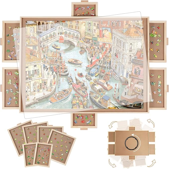 BuilderButler 1500 Pieces Rotating Puzzle Board with 6 Drawers,34.25"x25.2" Portable Wooden Jigsaw Puzzle Table with Lazy Susan Spinning Cover