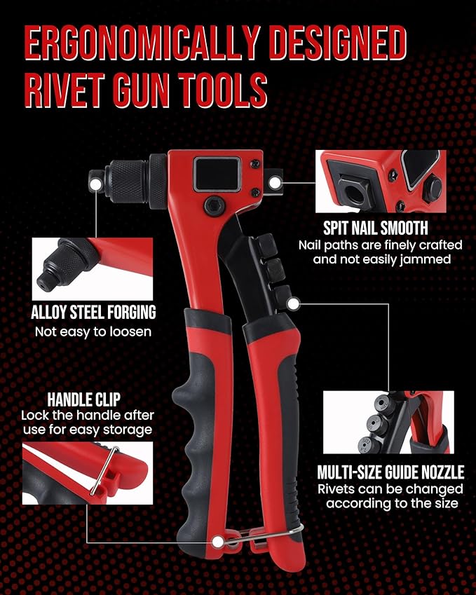 Anfrere Rivet Gun Kit, Manual Riveting Tool with 100 Rivets and 4 Interchangeable Heads, Professional 4-in-1 Pop-Up Hand Riveter, Storage Case