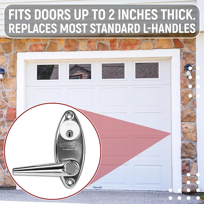 Garage Door Lock Kit, Keyed L-Handle with Inside Slide Lock Latch Mechanism, Complete Replacement Set with 2 Keys, Mounting Hardware Included, Fit to 1"–2 3/8" Thick Doors (Manual Operation)