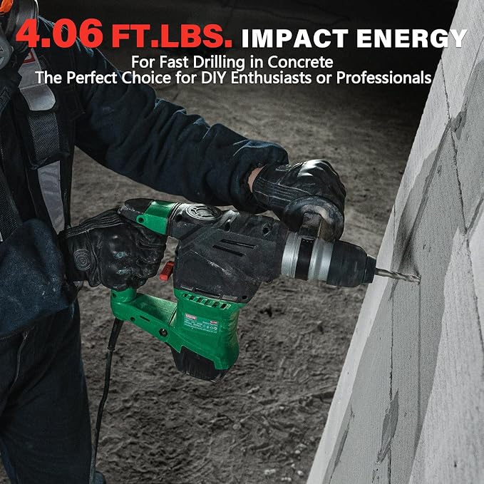 1-1/4" SDS-Plus Rotary Hammer Drill, 12.5 Amp 3 Functions Corded Vibration Control Rotomartillo with Safety Clutch for Concrete, Includes 3 Drill Bits, 2 Chisels, Carrying Case