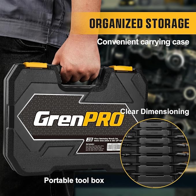 GRENPRO 23PCS Ratcheting Combination Wrench Set SAE Metric Mechanic Tools | 1/4"-3/4"&6-18MM Bolt Gauge, Electro-Coated CR-V 72-Tooth 5Deg Swing 12Pt Corrosion Resistant, Roll Pouch Auto&HomeRepair