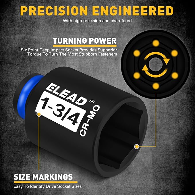1/2'' Drive Deep Impact Socket Set, 8-Piece SAE Wheel Axle Nut Wrench Large Sockets Standard Adapter 1-11/16 1-9/16 1-3/8 1-7/16 1-1/2 1-5/8 1-3/4 Imperial Spindle Joint Torque Bearing Locknut Truck