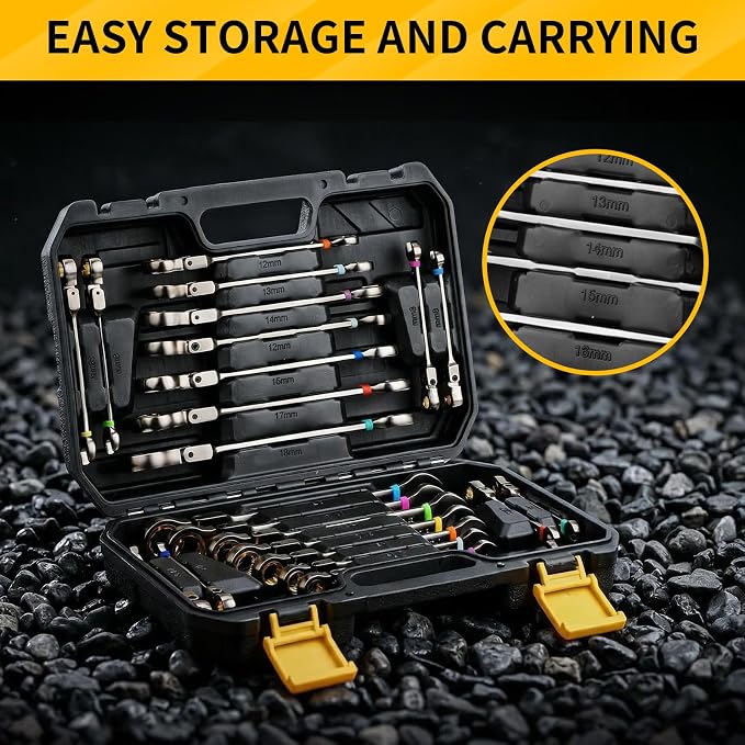 GRENPRO 23PC Flex Head Ratcheting Wrench Set Metric&SAE OpenEnd Combination | 1/4"-3/4"&6-18MM Bolt Gauge, Gray Nickel CR-V 72-Tooth 5-Degree Swing 12Pt Color Rings, Storage Box For Auto & Home Repair