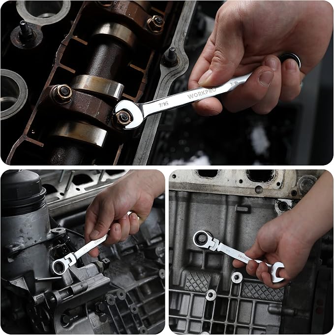 WORKPRO 8-piece Ratcheting Combination Wrench Set, SAE & Polished | SAE 5/16-3/4", 180° Flex-Head, 72-Tooth Ratchet, Cr-V Steel, Roll Up Pouch for Auto Repair & Home DIY