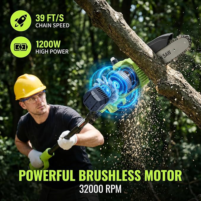 TNELTUEB 4-In-1 Cordless Pole Saw & Mini Chainsaw, 6"&8" Pole Saws For Tree Trimming with 15.6ft Extendable Pole, 180° Adjustable Angle, 1000W Brushless Motor, Electric Chainsaw with 2×4.0Ah Batteries