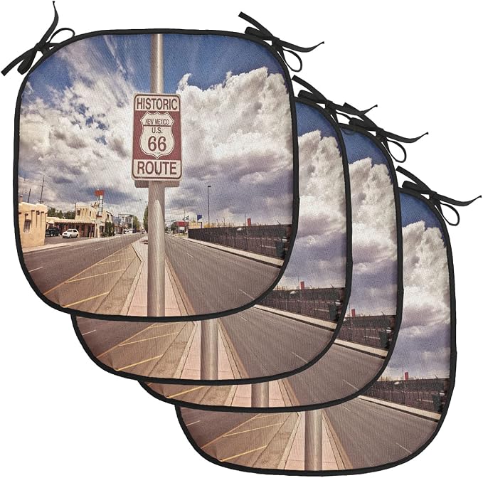 Lunarable Americana Chair Cushion Pads Set of 4, Historic New Mexico U.S 66 Route Sign Roadway Driving Roadside Scenery, Anti-Slip Seat Padding for Kitchen & Patio, 16"x16", Multicolor Dust Blue