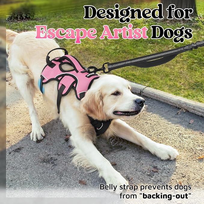 rabbitgoo Escape Proof Dog Harness for Large, No Pull with Lift Handle | No Escape, Full Soft Padded, Reflective Adjustable Vest, Leash Clip for Walking Hiking Training, Pink, Large