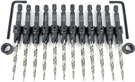 FTG USA 12 Pc #10 (3/16") Countersink Drill Bit Set with Depth Stop Collar, Hex Wrench - Tapered Drill Bits for Wood